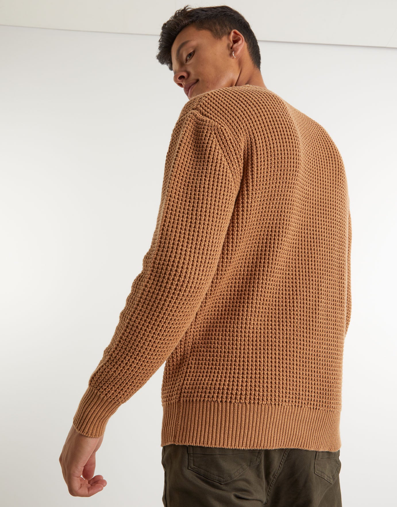 Recycled Waffle Knit Crew Jumper in Tan 