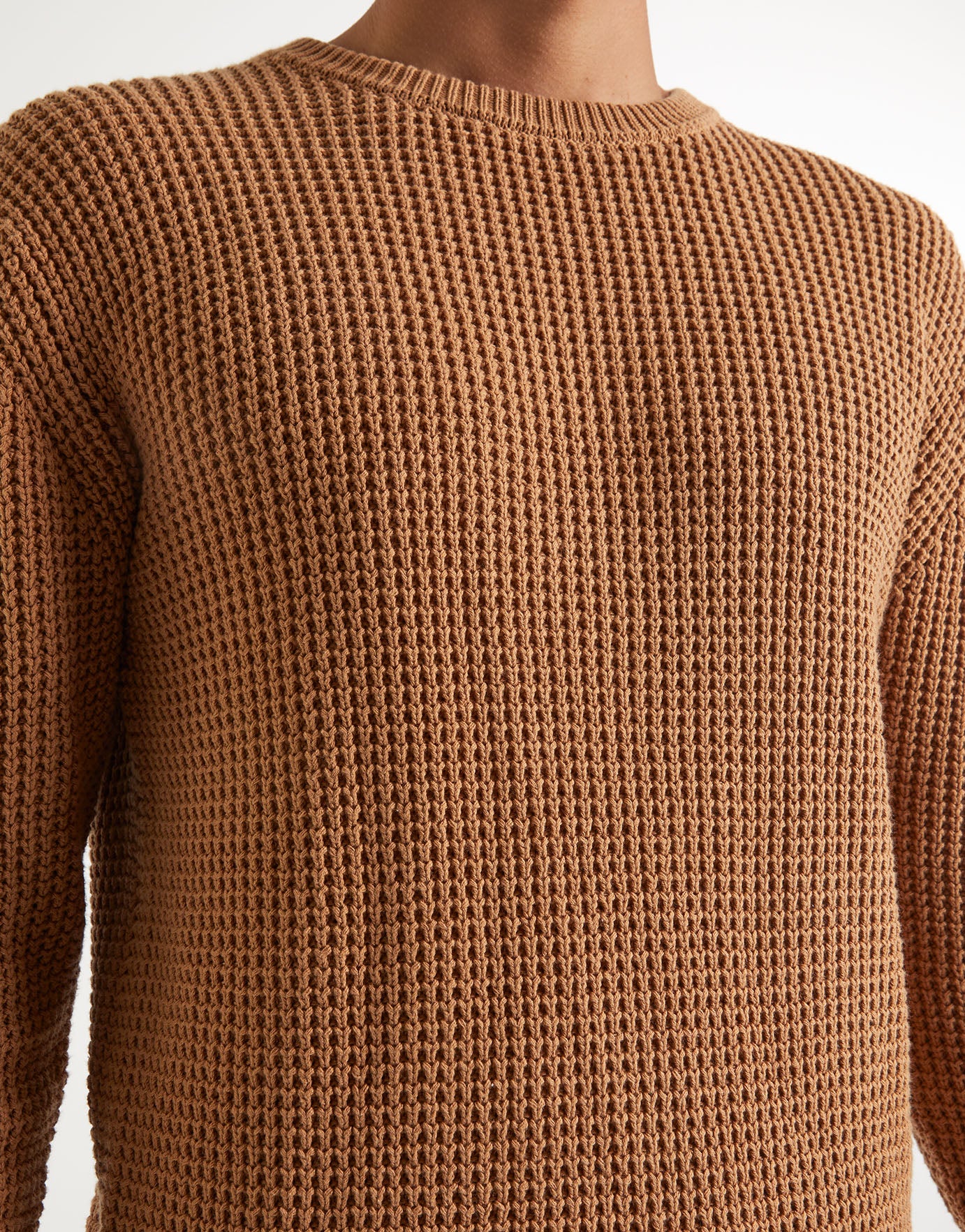 Recycled Waffle Knit Crew Jumper in Tan 