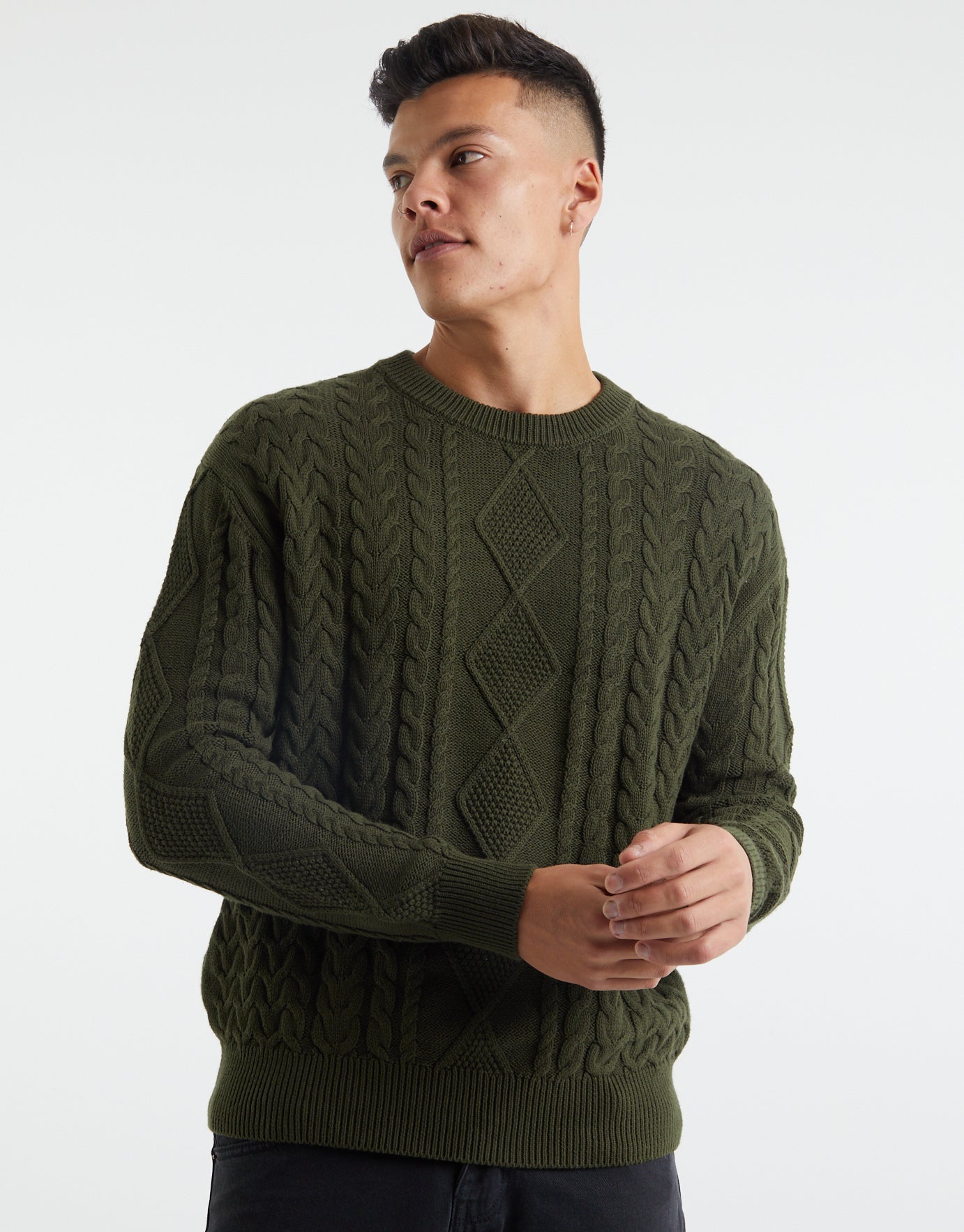 Cotton Crew Neck Cable Knit Jumper in Green | Hallensteins NZ
