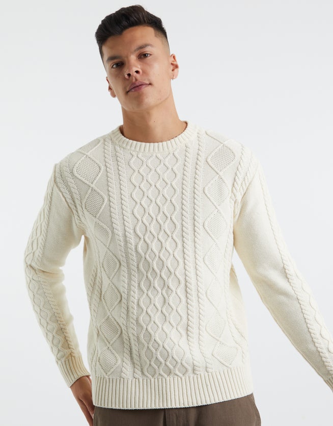 Cotton Crew Neck Cable Knit Jumper in Natural Hallensteins AU