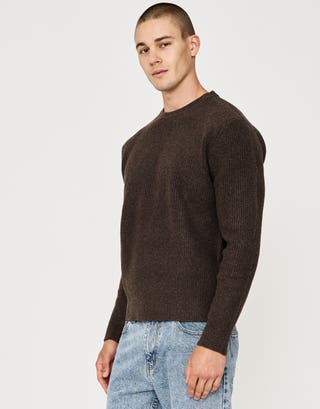 Ribbed Knit Crew Neck Jumper in Brown Detail