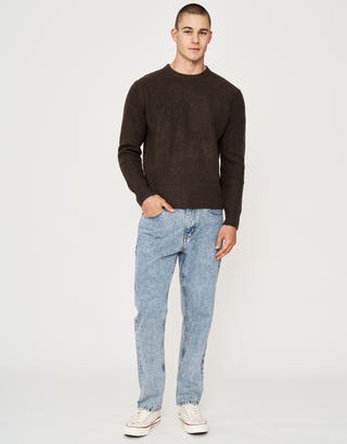 Ribbed Knit Crew Neck Jumper in Brown Full