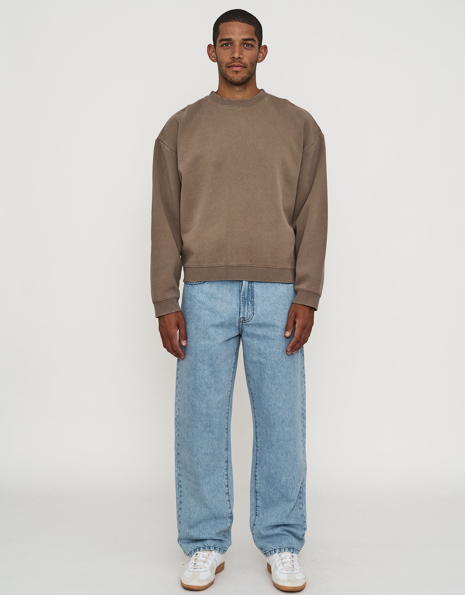 Essential Cropped Oversized Crew Neck Sweat in Brown | Hallensteins NZ