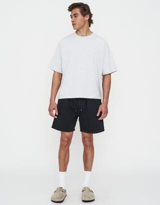 Washed Twill Elastic Waist Shorts in Black Full