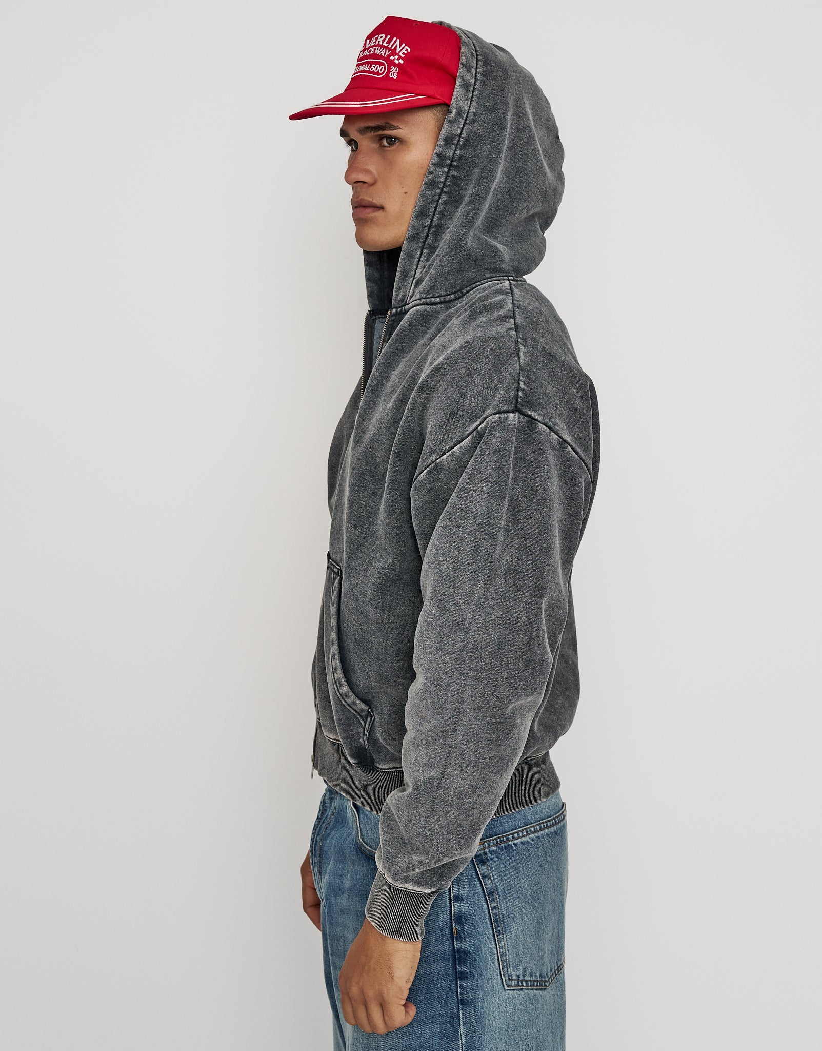 Washed Oversized Cropped Zip Up Hoodie in Black | Hallensteins NZ