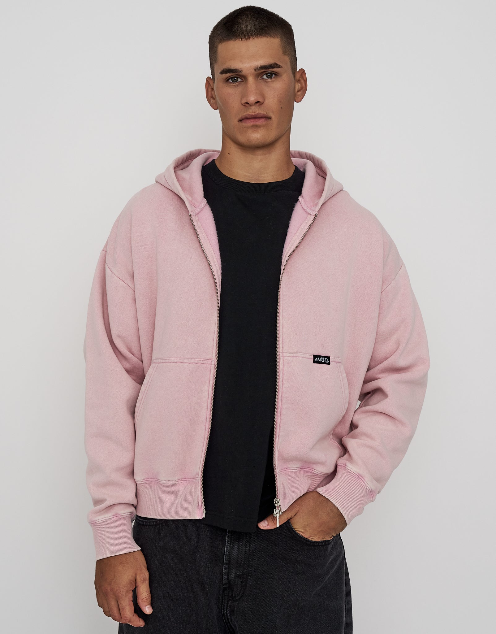 Washed Oversized Cropped Zip Up Hoodie in Pink | Hallensteins NZ