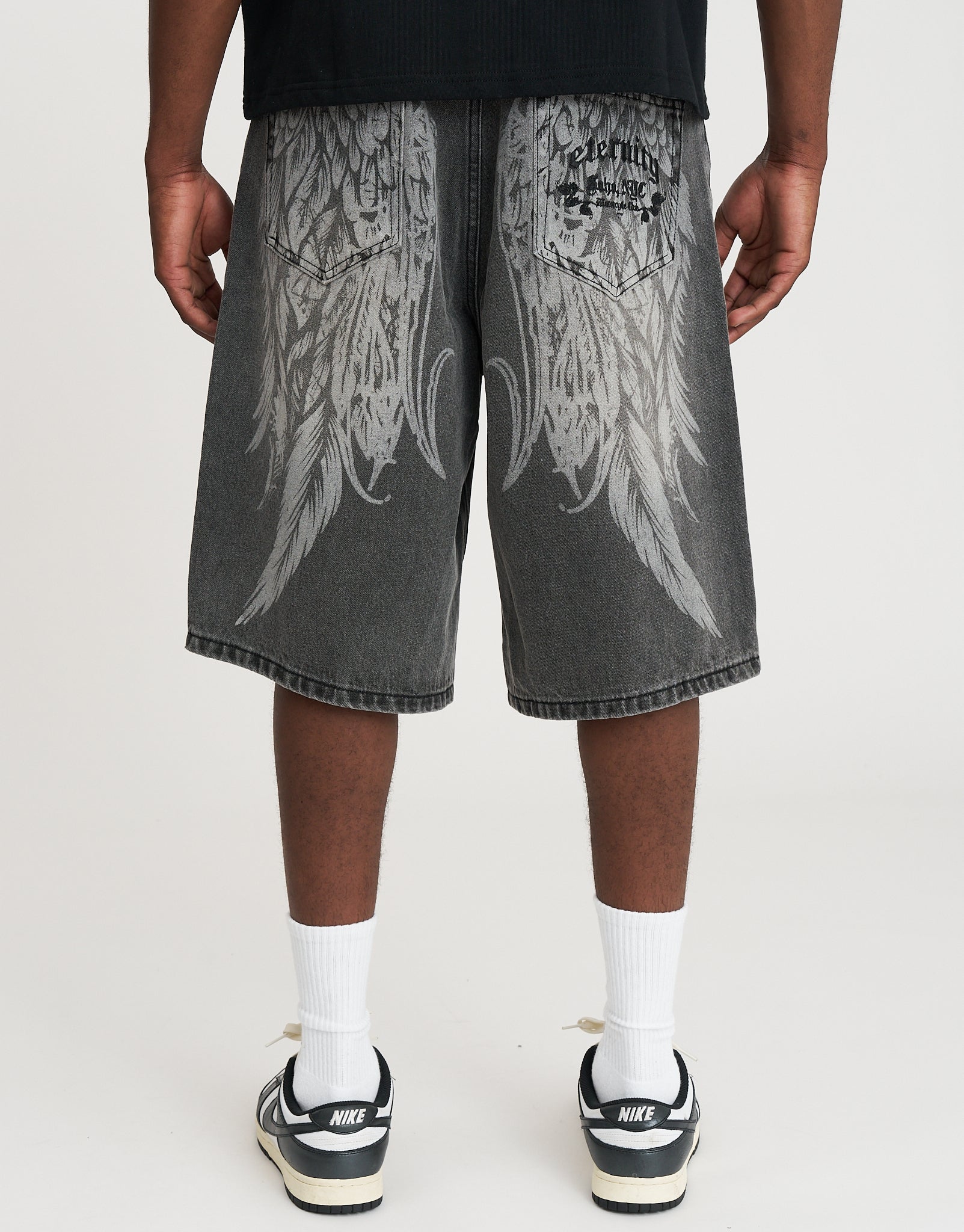 Eternity Wings Baggy Fit Jorts in Washed Black | Hallensteins NZ