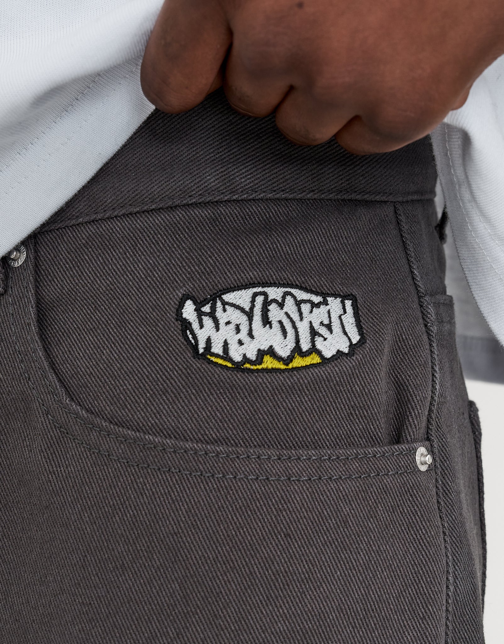 TTT MSW×OOPS×OBJECT velours jorts WRLDVSN Baggy Fit Twill Jorts in Charcoal | Hallensteins AU