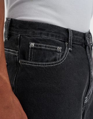 Baggy Fit Jorts in Black/white Stitch Detail2