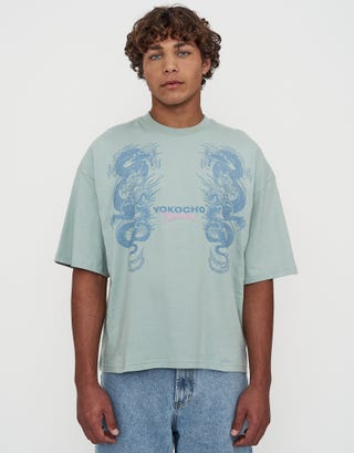 Yokocho Box Fit T Shirt in Pistachio Green Back