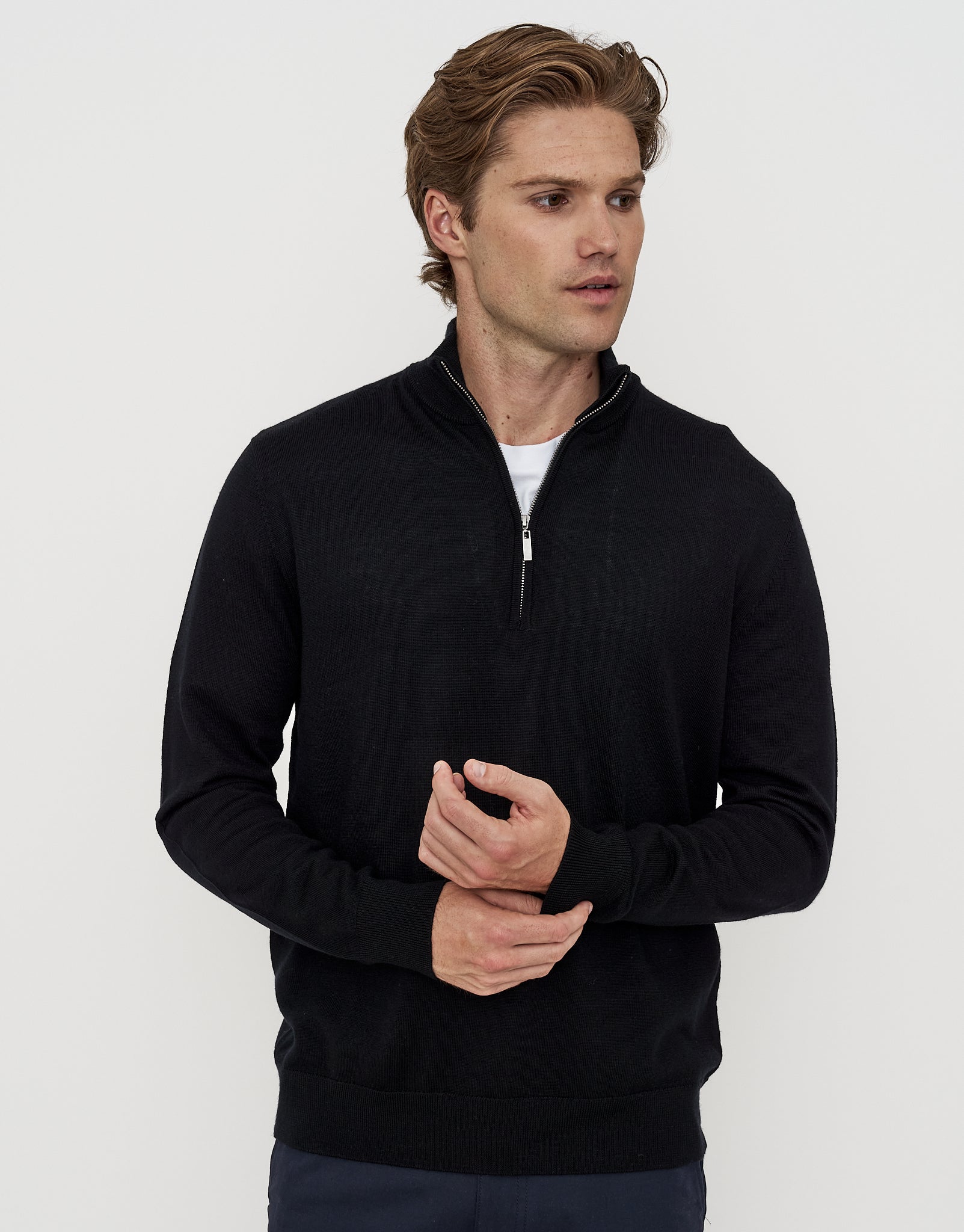 100% Merino Quarter Zip Knit Jumper in Black | Hallensteins NZ