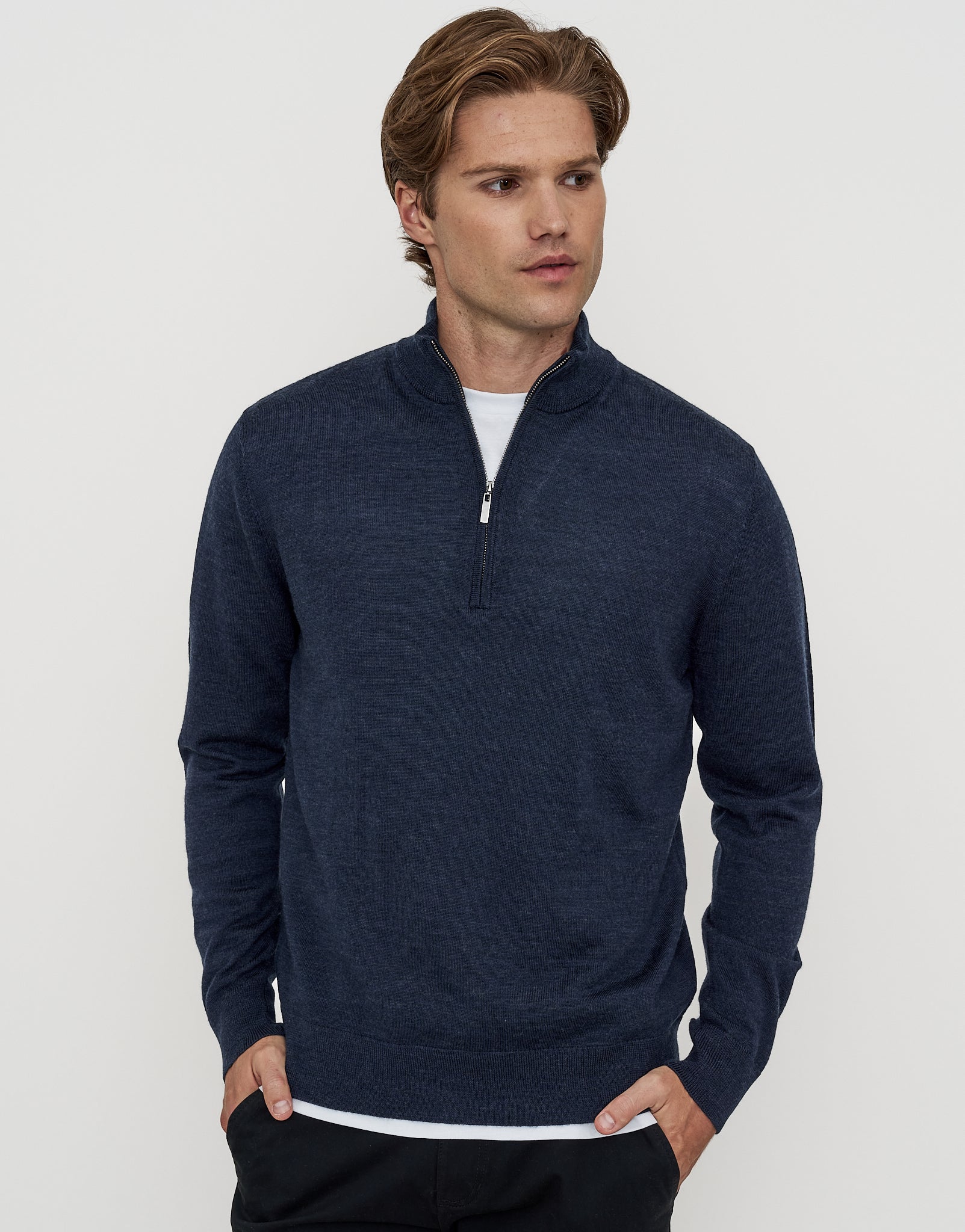 100% Merino Quarter Zip Knit Jumper in Navy Marle | Hallensteins NZ