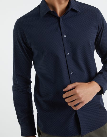 Textured Pattern Long Sleeve Dress Shirt in Navy