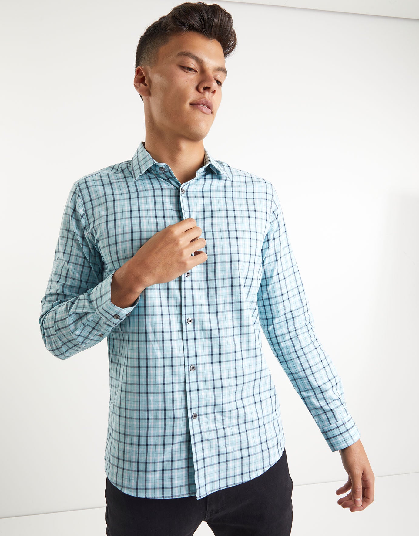 Aqua Check Long Sleeve Dress Shirt in 