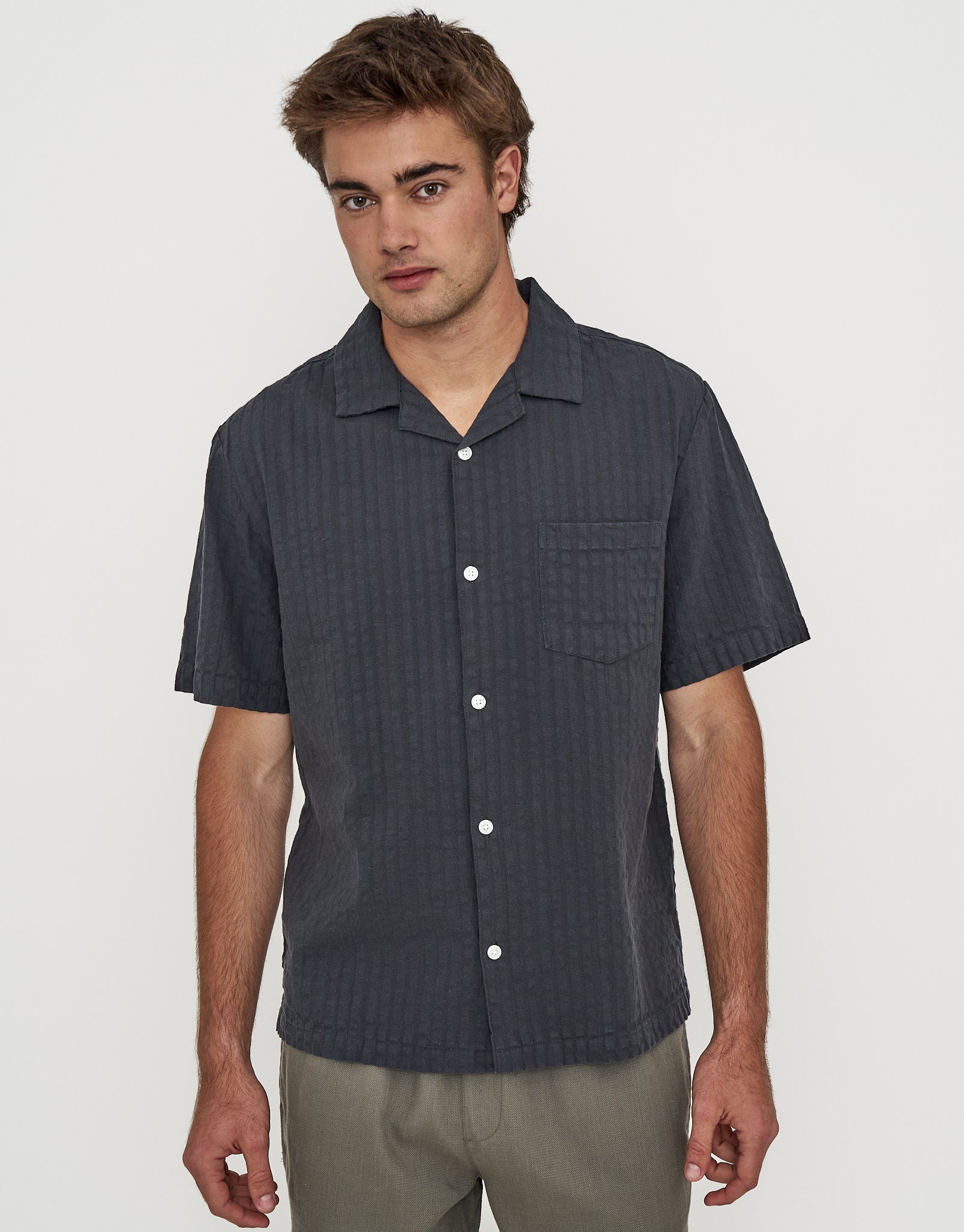 Textured Short Sleeve Shirt in Charcoal | Hallensteins NZ