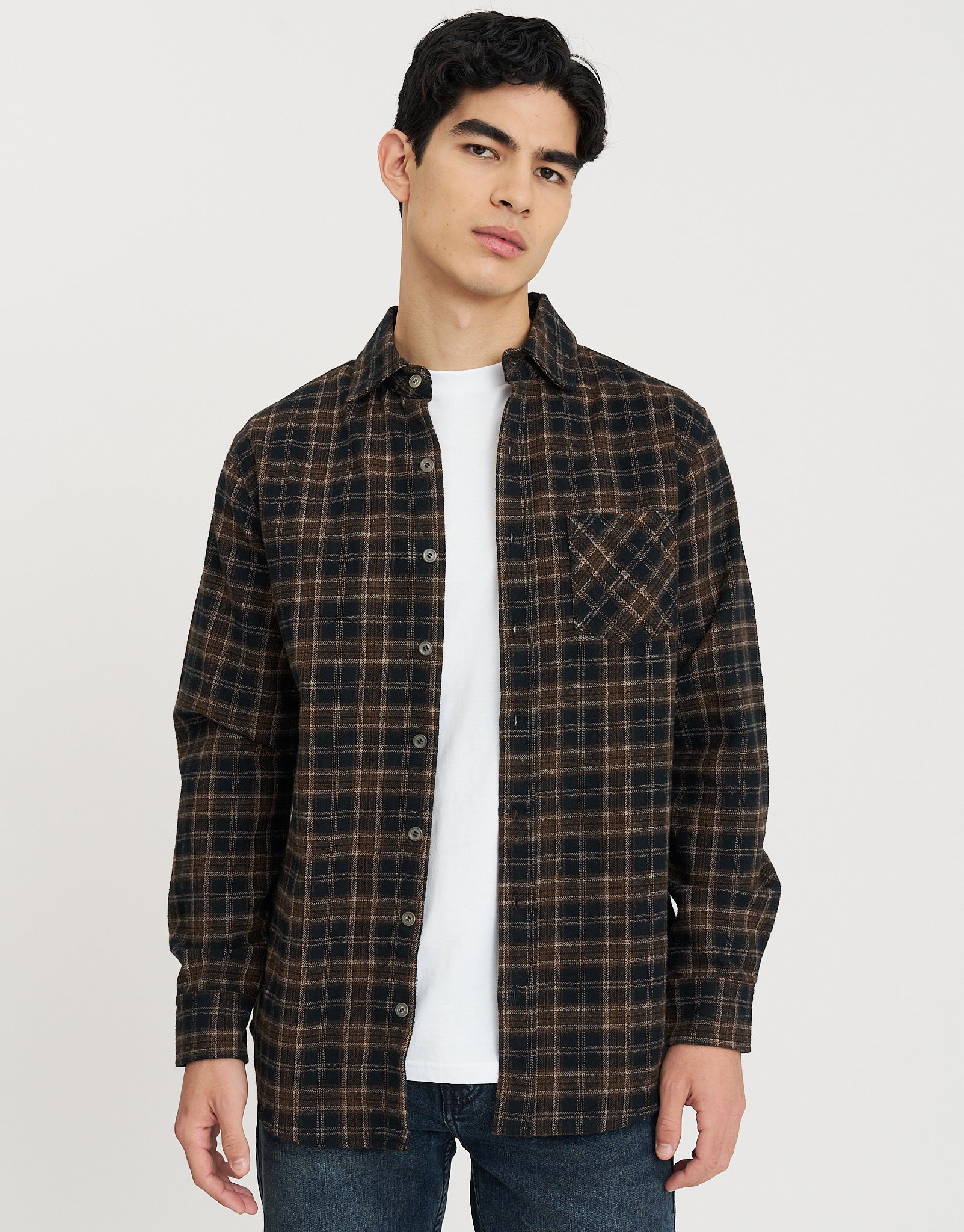 Flannel Check Regular Fit Shirt in Black/brown | Hallensteins NZ