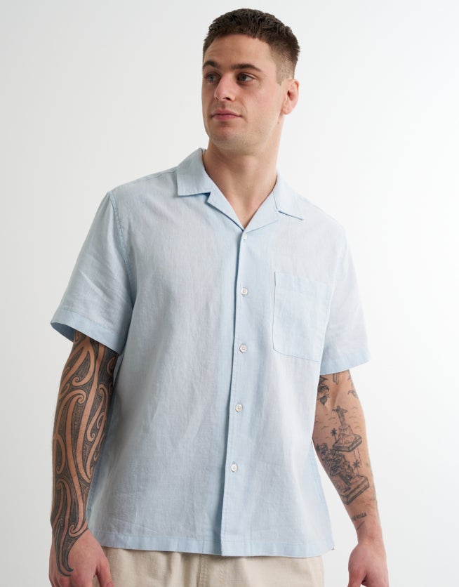 Cuba Linen Blend Short Sleeve Shirt in Sky Blue | Hallensteins AU