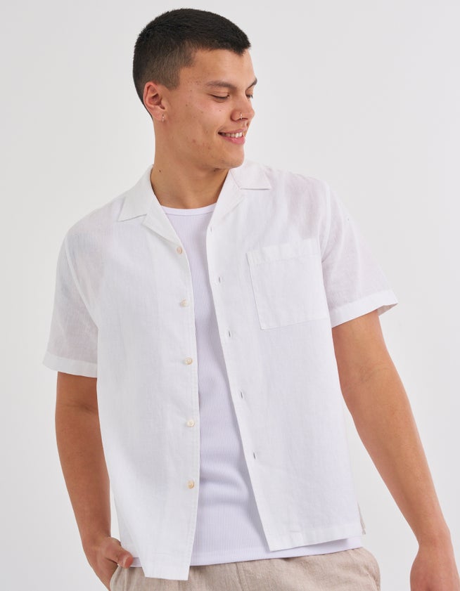 Cuba Linen Blend Short Sleeve Shirt in White | Hallensteins AU