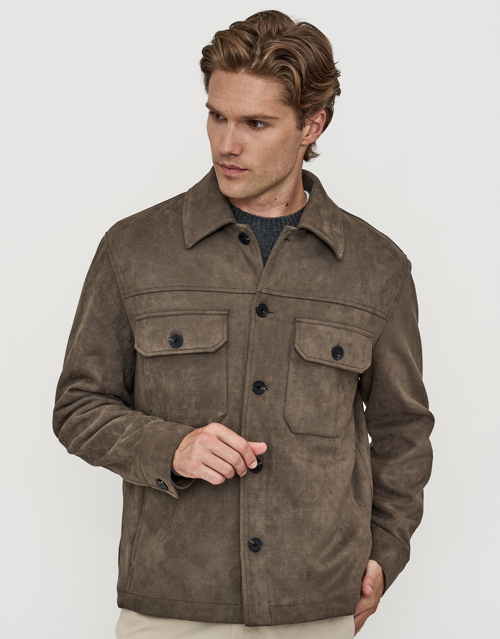 Faux Suede Smart Jacket in Khaki | Hallensteins NZ