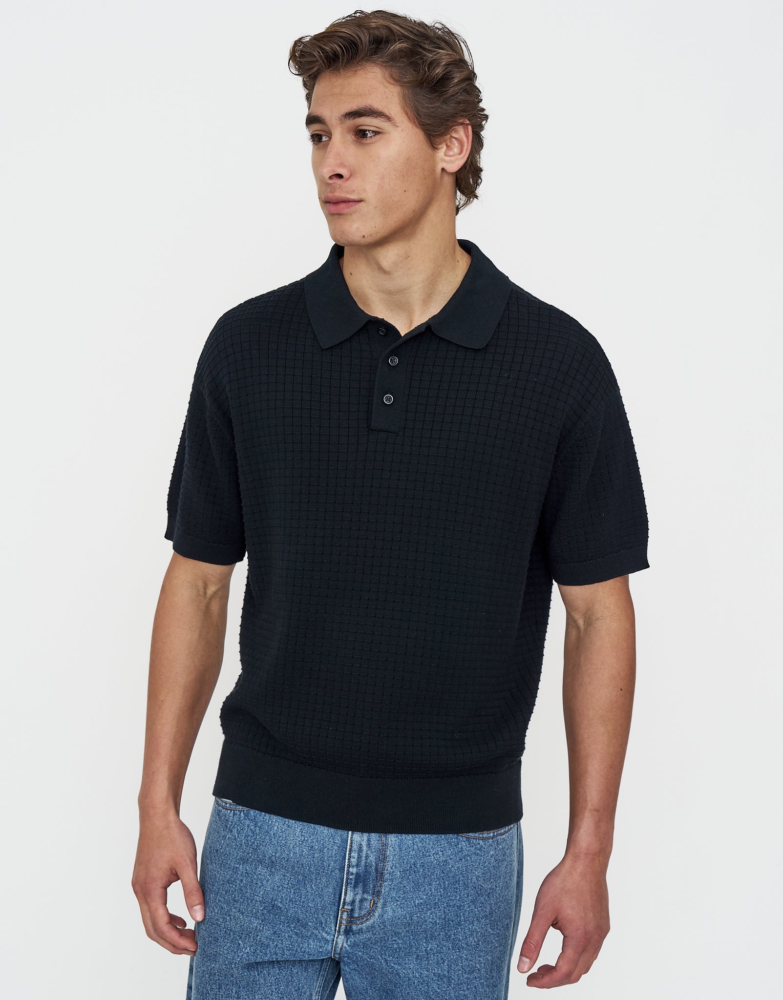 Waffle Short Sleeve Polo in Black | Hallensteins AU