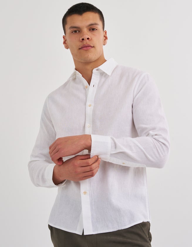 Linen Blend Long Sleeve Shirt in White | Hallensteins NZ