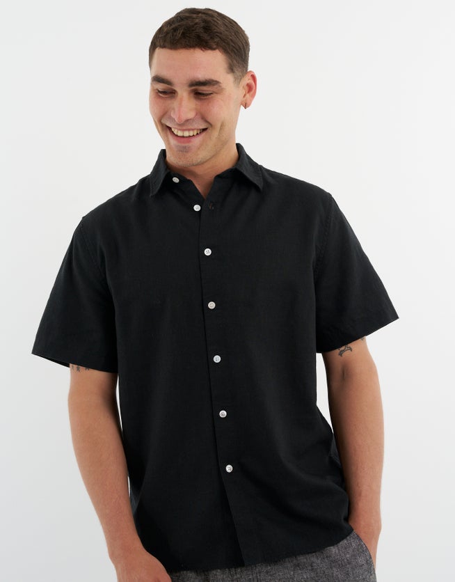Linen Blend Short Sleeve Shirt in Black | Hallensteins NZ