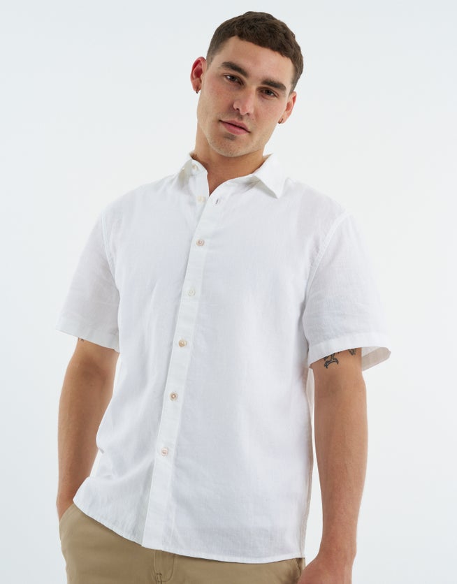 Linen Blend Short Sleeve Shirt in White | Hallensteins NZ
