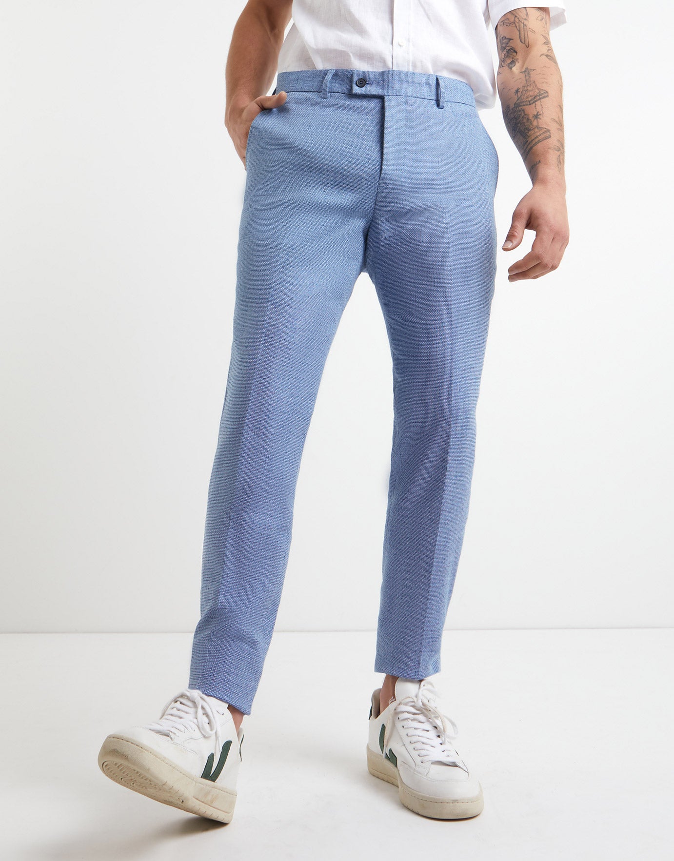 Linen Blend Slim Fit Suit Pants in Blue 