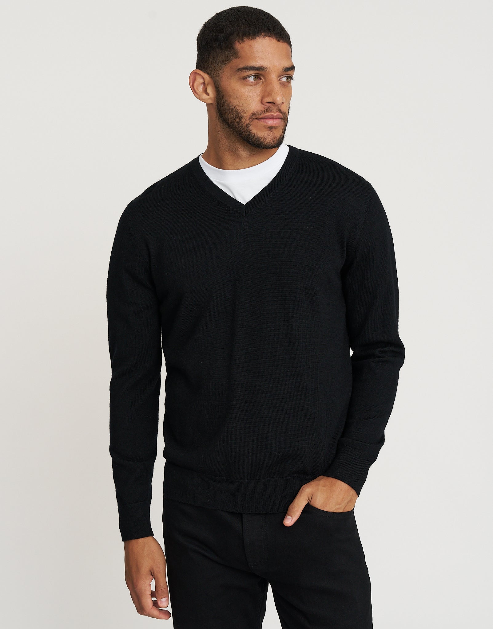 100% Merino V Neck Knit Jumper in Black | Hallensteins NZ