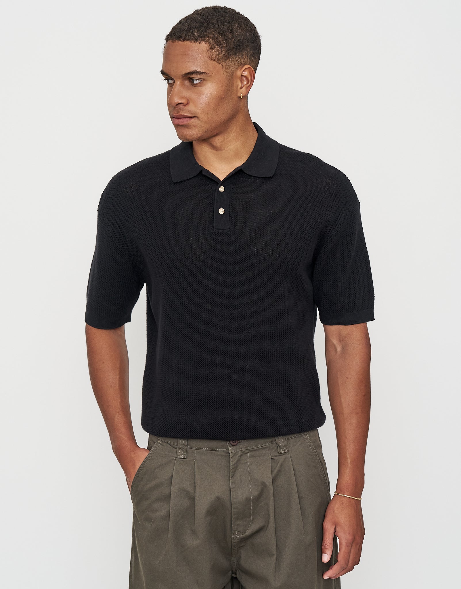 Millburn Knitted Short Sleeve Polo in Black | Hallensteins NZ