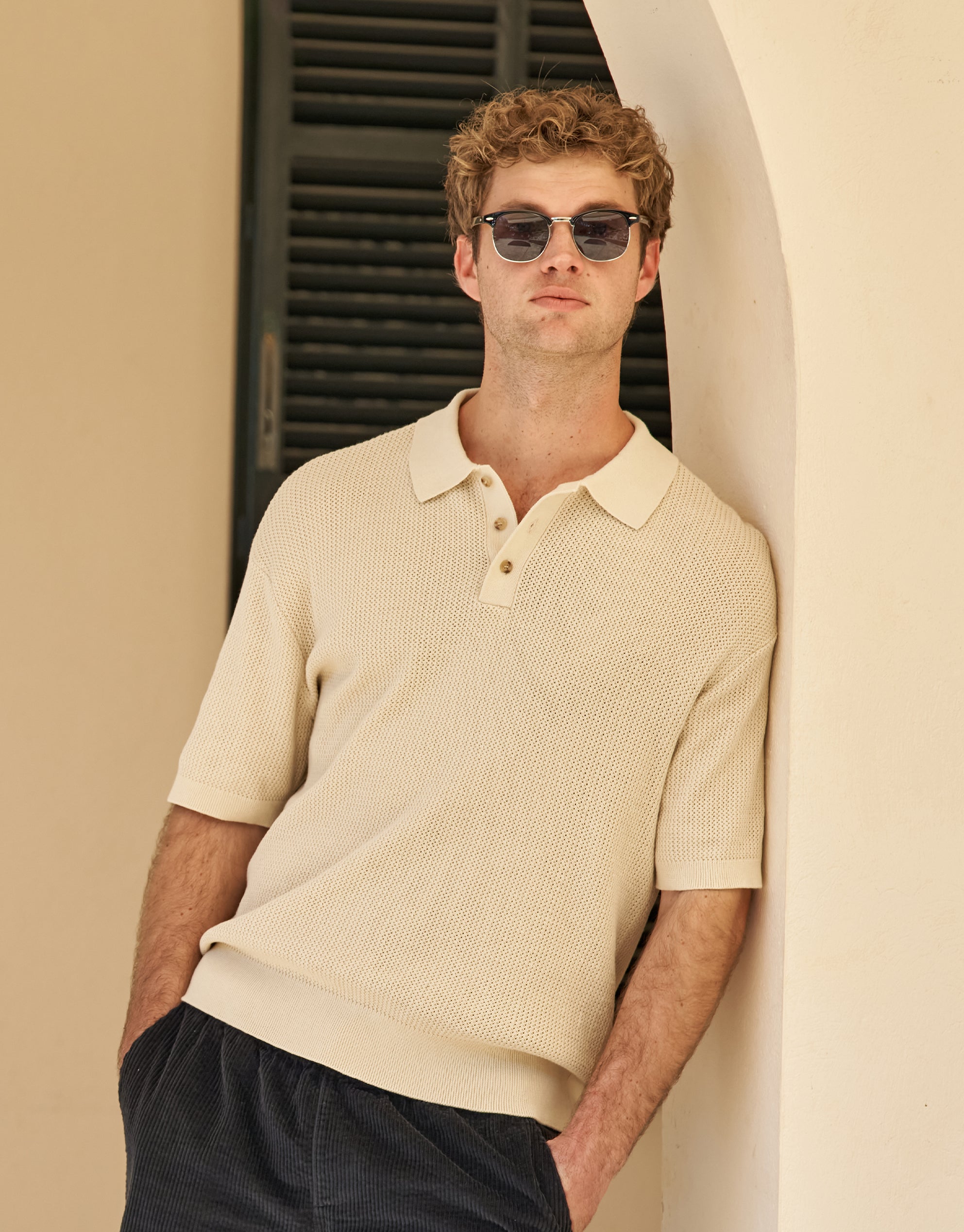 Millburn Knitted Short Sleeve Polo in Oat | Hallensteins NZ