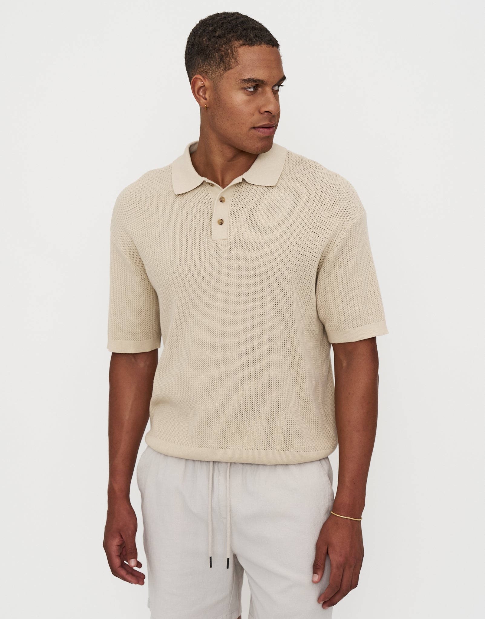 Millburn Knitted Short Sleeve Polo in Oat | Hallensteins NZ