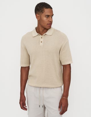 Millburn Knitted Short Sleeve Polo in Oat Full