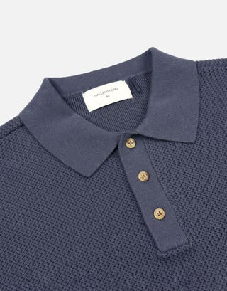 Millburn Knitted Short Sleeve Polo in Shadow Blue Detail