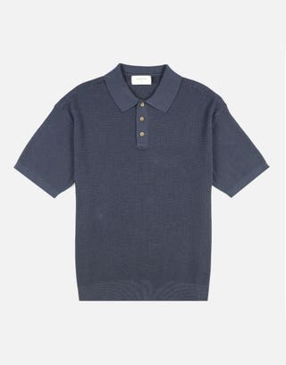 Millburn Knitted Short Sleeve Polo in Shadow Blue Front