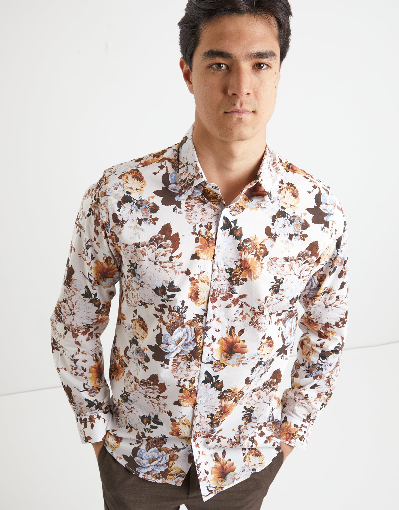 Flower Print Long Sleeve Shirt in White 