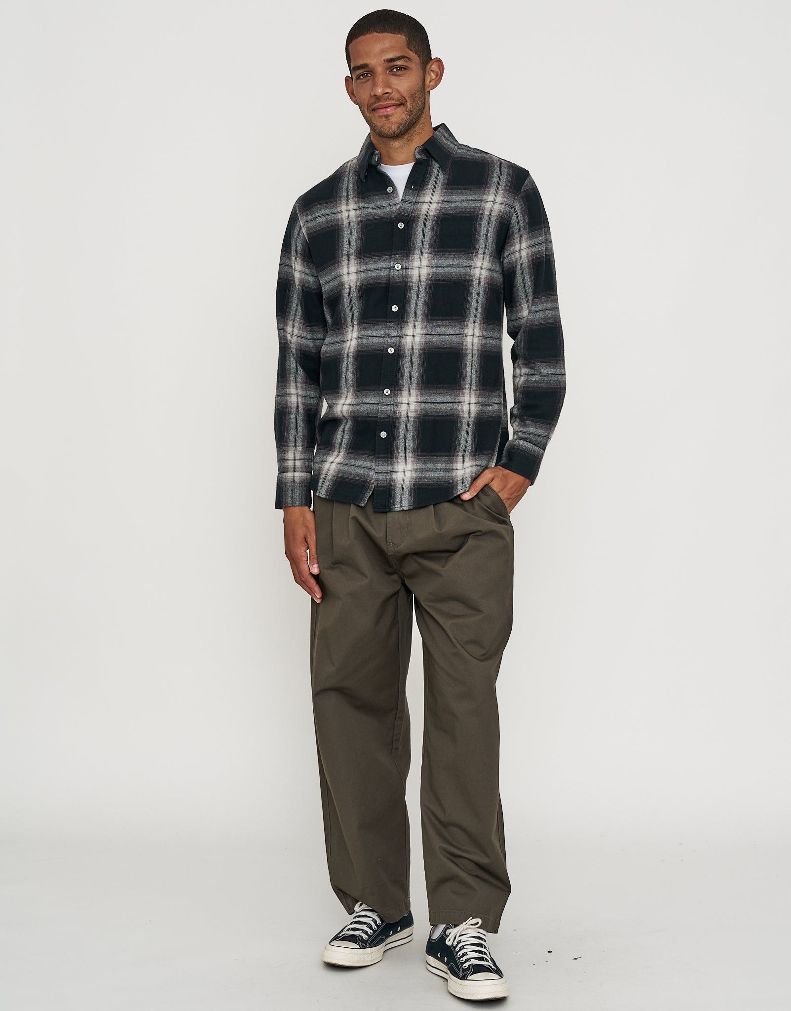Ombre Check Long Sleeve Shirt in Black | Hallensteins NZ