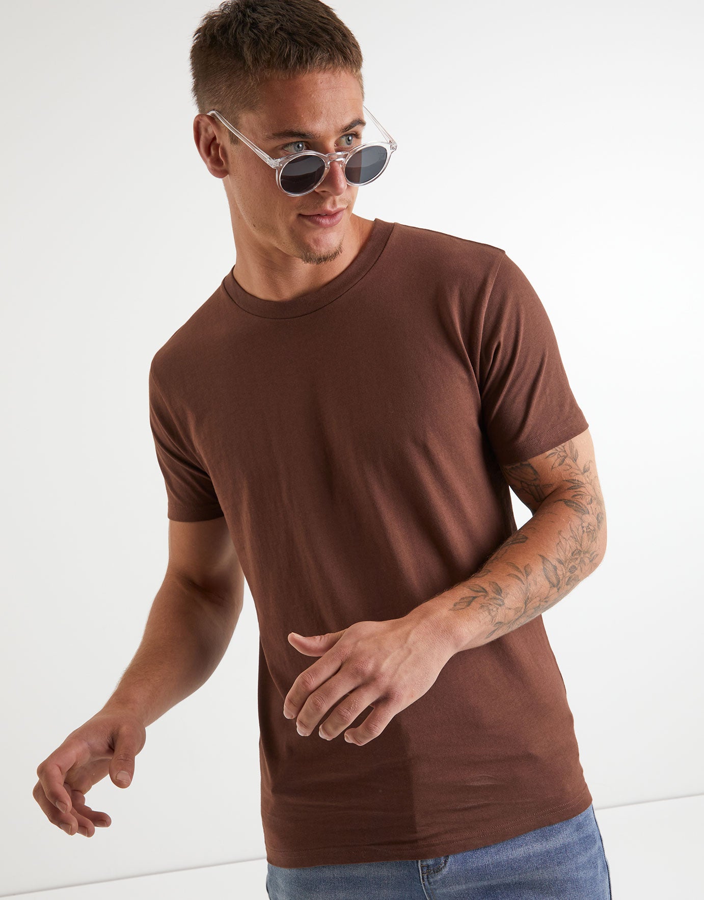 Organic Crew Neck Basic T Shirt in Brown | Hallensteins AU