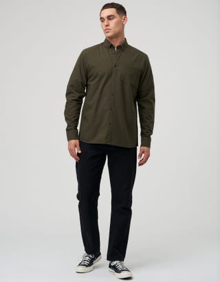 Oxford Plain Long Sleeve Shirt in Dark Green Full