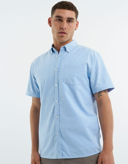 Oxford Cotton Short Sleeve Shirt in Light Blue Hallensteins NZ