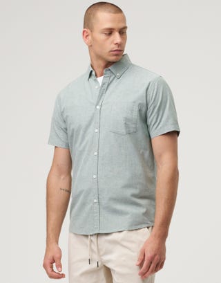 Oxford Collar Cotton Short Sleeve Shirt in Light Green Detail2