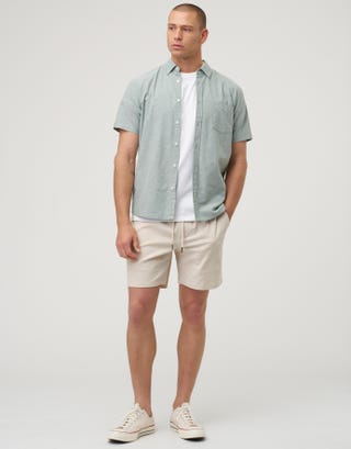 Oxford Collar Cotton Short Sleeve Shirt in Light Green Full