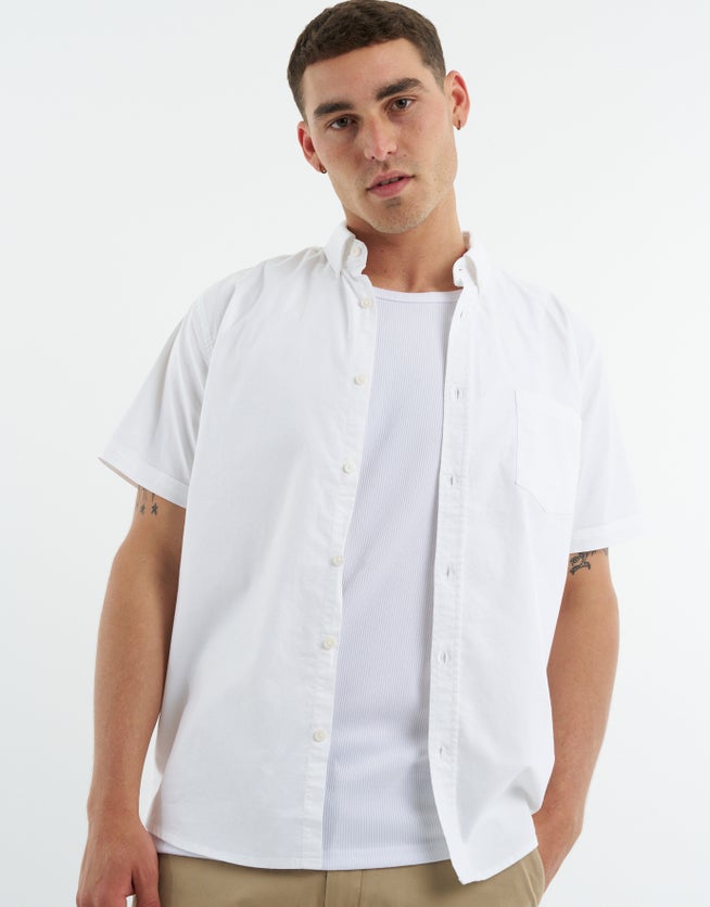 Oxford Cotton Short Sleeve Shirt in White | Hallensteins AU