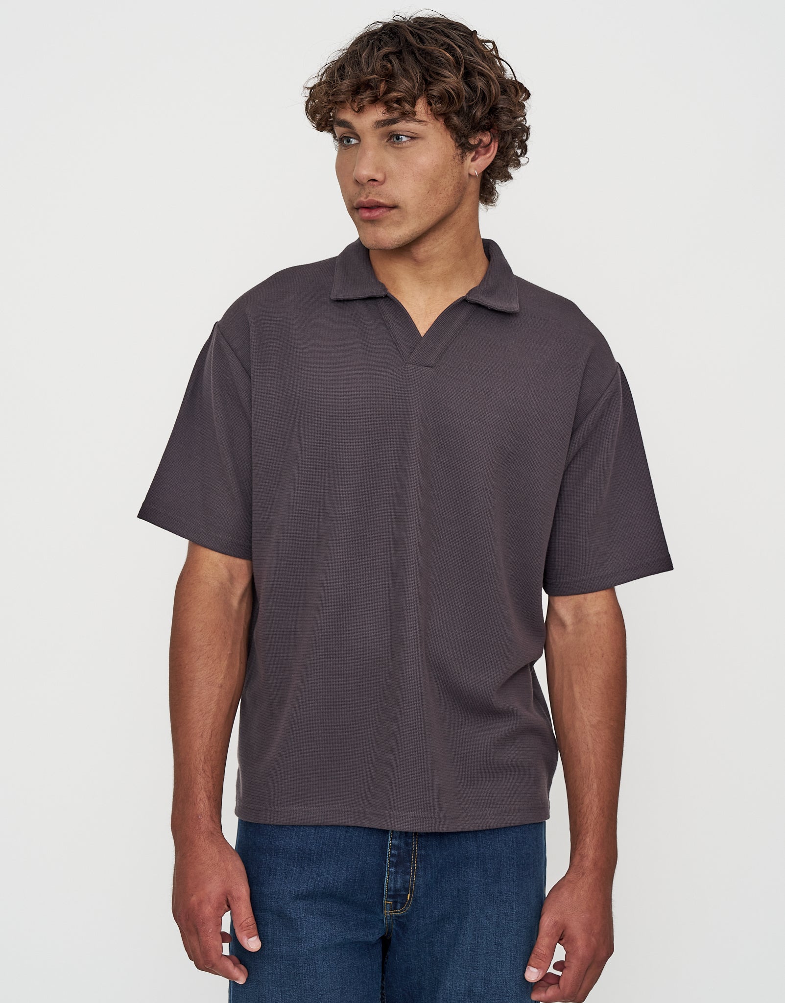 stein POLO HALF SLEEVE SHIRT(20SS) Relaxed Open Collar Polo in Ash Grey | Hallensteins NZ