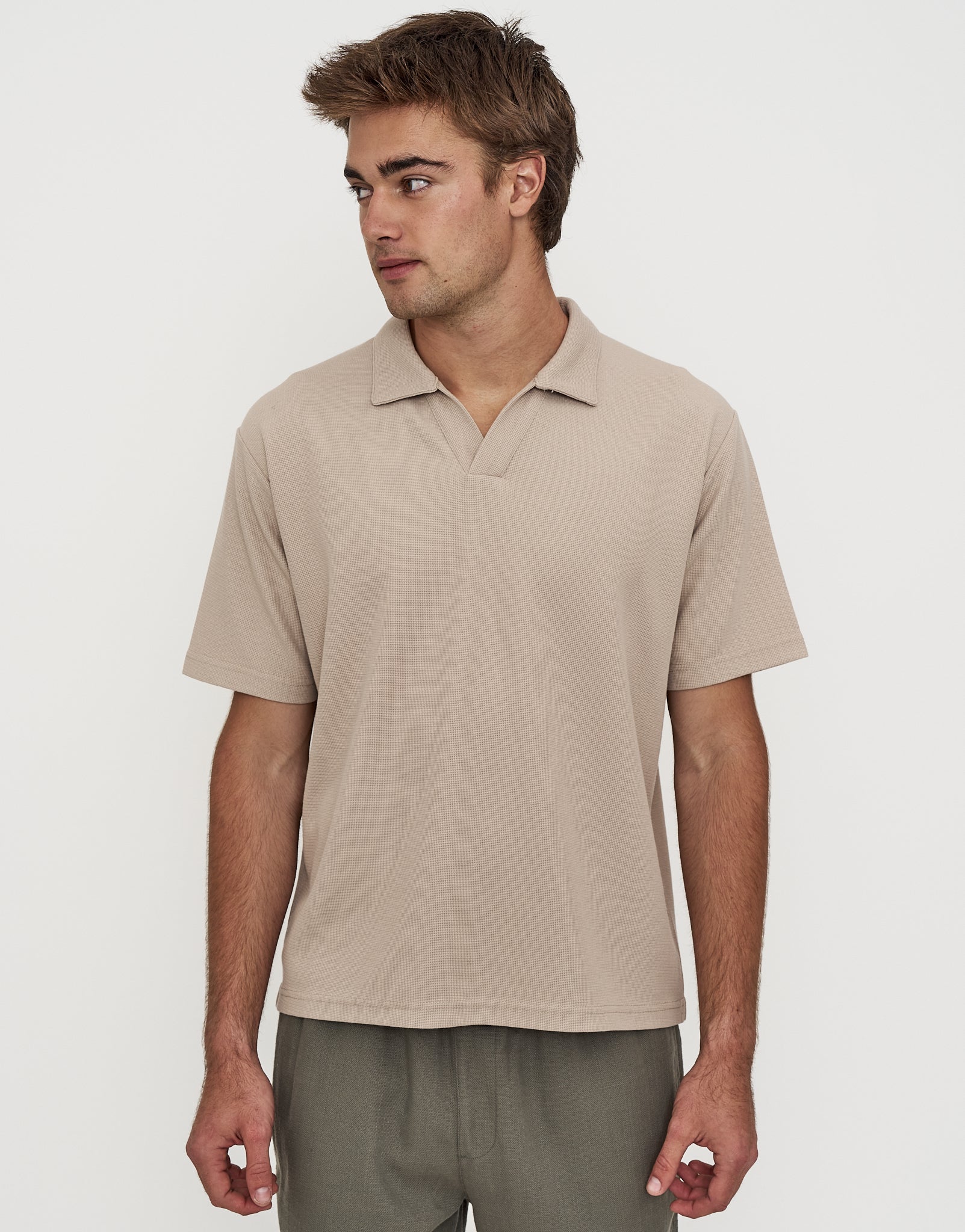 Relaxed Open Collar Polo in Ecru | Hallensteins NZ