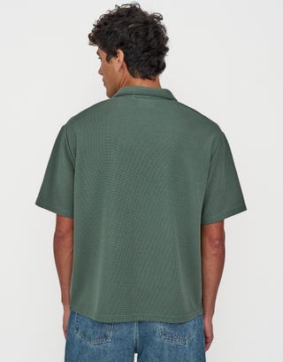 Relaxed Open Collar Polo in Moss Green Back