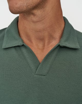 Relaxed Open Collar Polo in Moss Green Detail