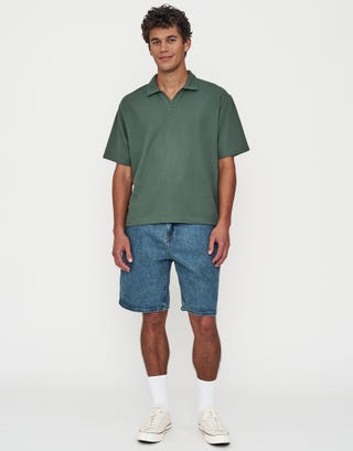 Relaxed Open Collar Polo in Moss Green Full