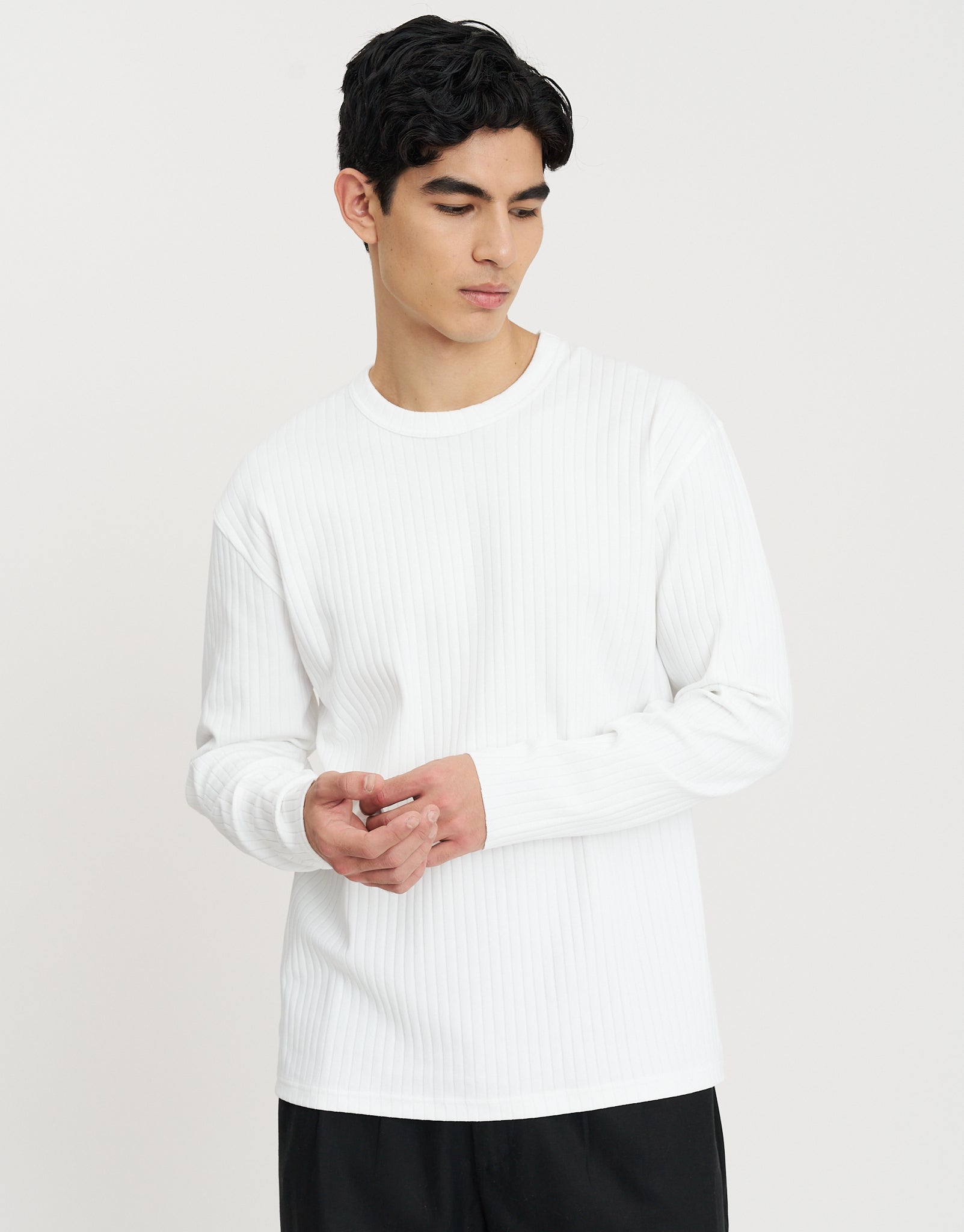 Ribbed Long Sleeve T-Shirt in Optic White | Hallensteins NZ