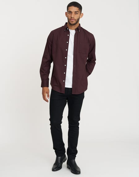 burgundy dress shirt black pants Oxford Stretch Long Sleeve in Slickblue Women's Midi Shirt YGroup_luna-short-dress Pricing:$369 effortless versatility Fabric composition